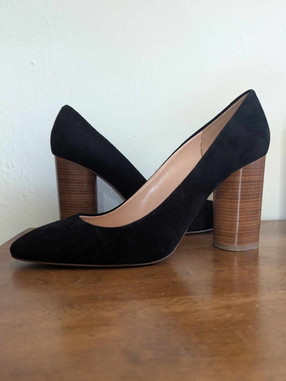 J Crew women's Etta pumps in black suede with wood stack heels, 10